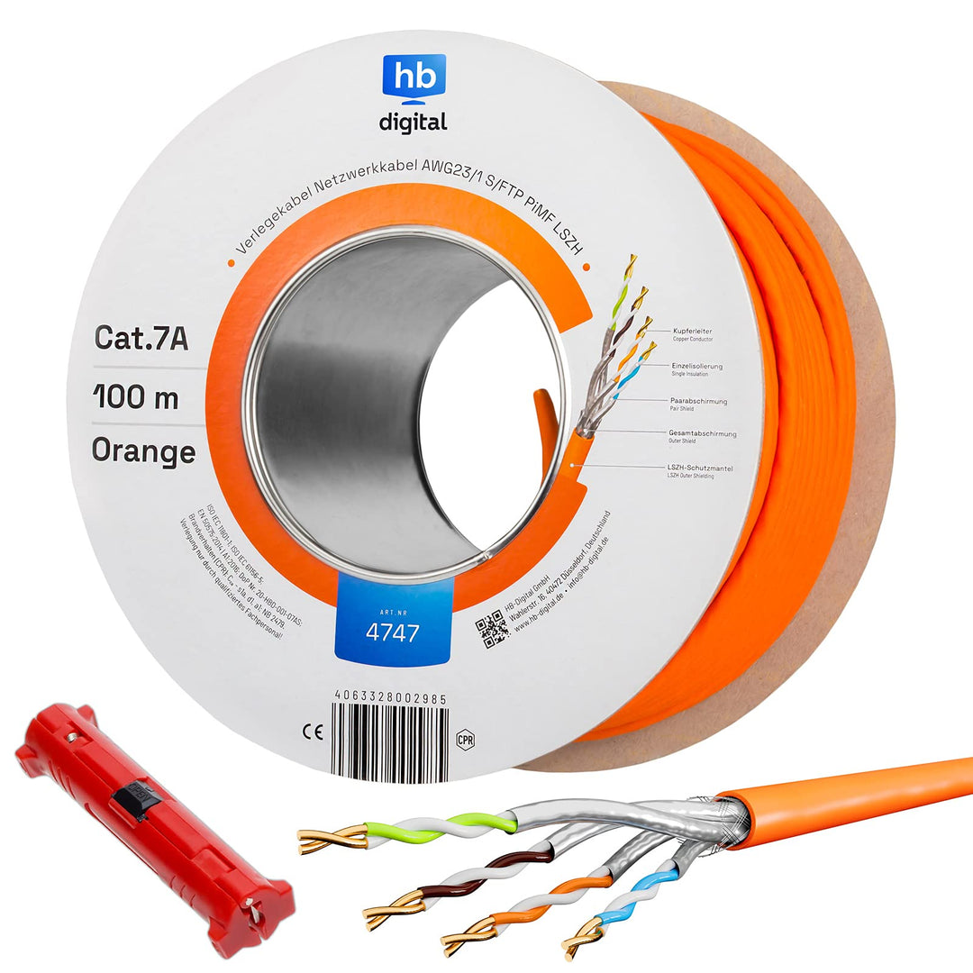 HB-DIGITAL 100m CAT.7a Netzwerkkabel Orange Verlegekabel Ethernet LAN AWG23 Reines Kupfer S/FTP PiMF