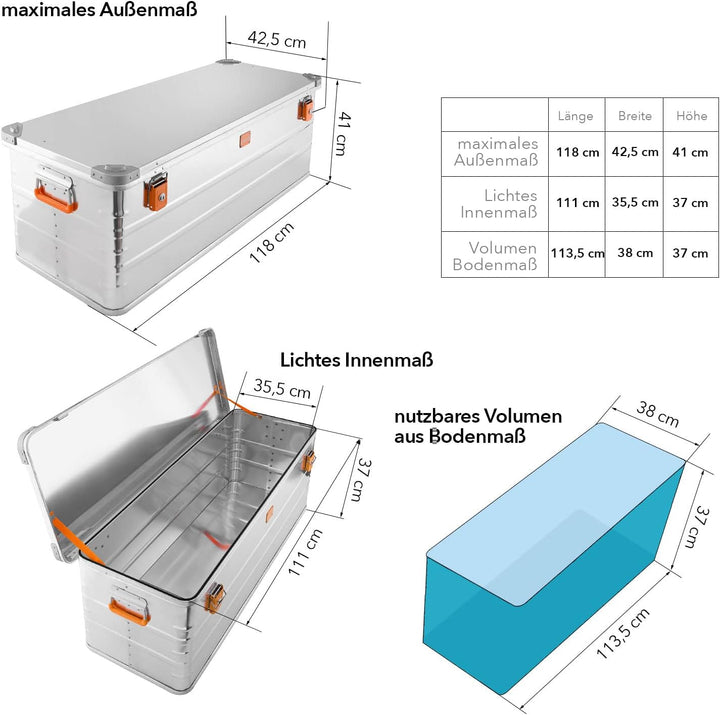 Alubox Alukiste abschliessbar E159 - Premium Aluminium Lagerbox 159 Liter - Deckel mit Aluminium Dru