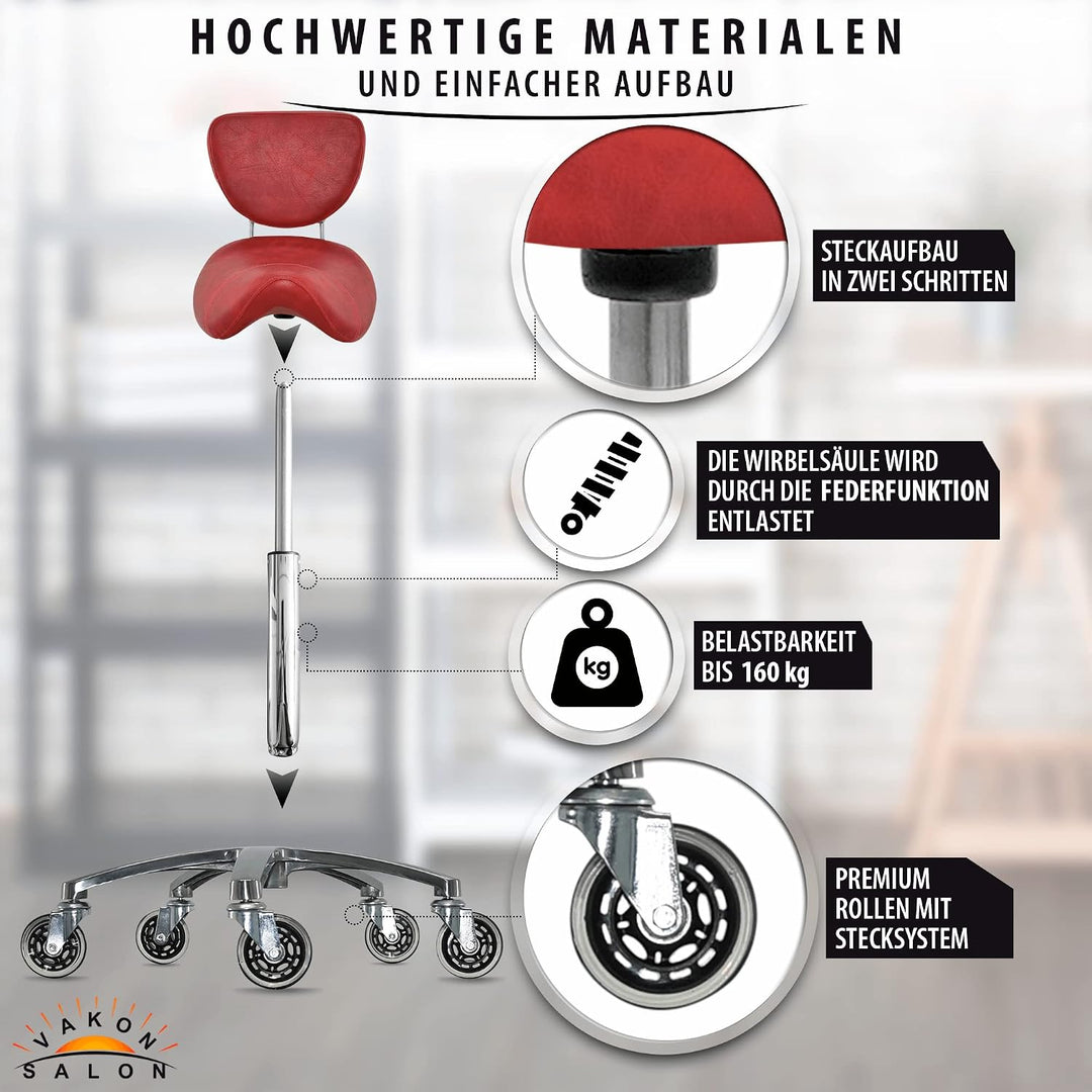Sattelhocker mit Lehne Rot, Sattelstuhl für Rückenentlastung, Rollhocker höhenverstellbar von 55-75
