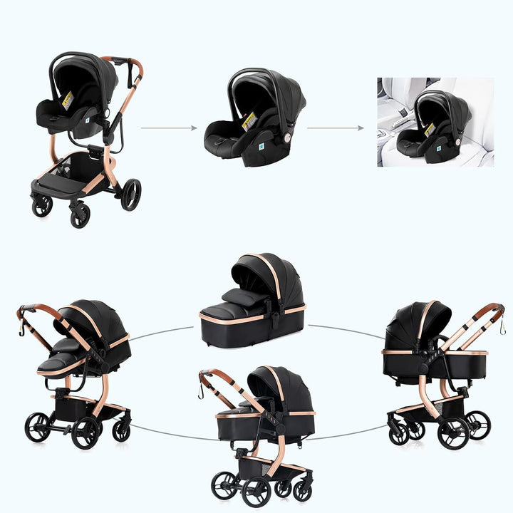 Reenborn PU-Leder Kinderwagen 3 in 1, Buggy mit Ein-Klick-Faltdesign, Kinderwagen mit Zwei Umkehrbar