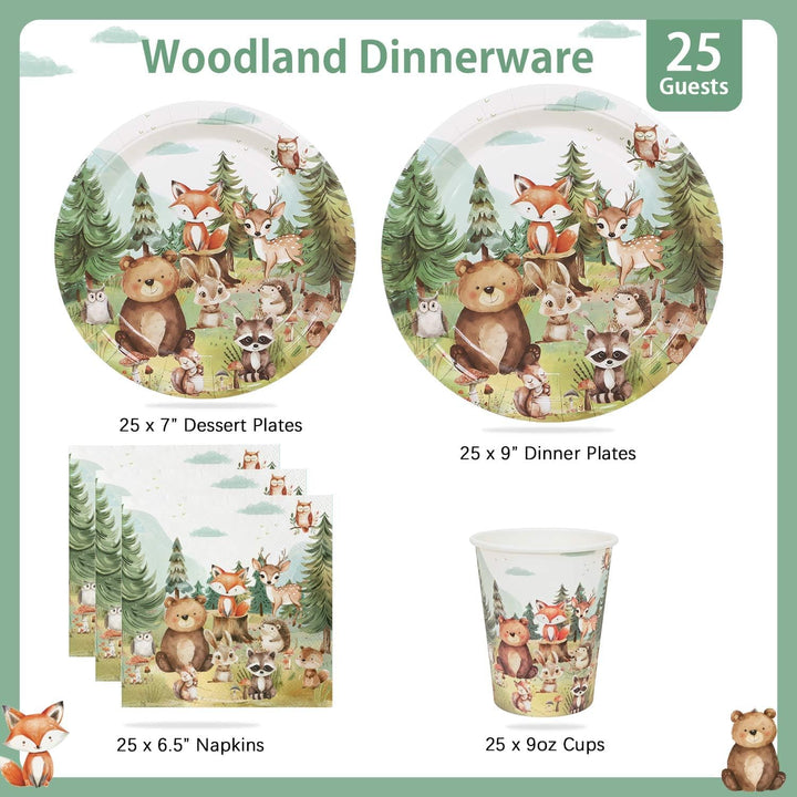 Waldtiere Geburtstag Deko Pappteller Set, 100pcs wiederverwendbare Pappteller Kindergeburtstag Pappb