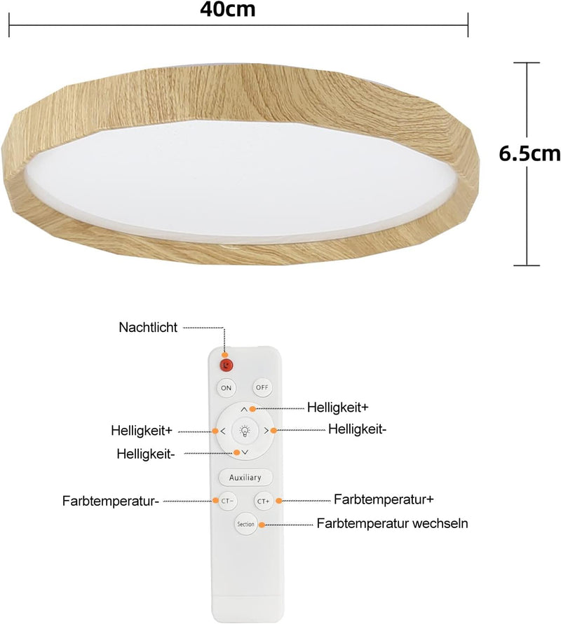 ZMH Deckenlampe LED Deckenleuchte Wohnzimmer - Wohnzimmerlampe Holzoptik Ø40cm Schlafzimmer Deckenbe