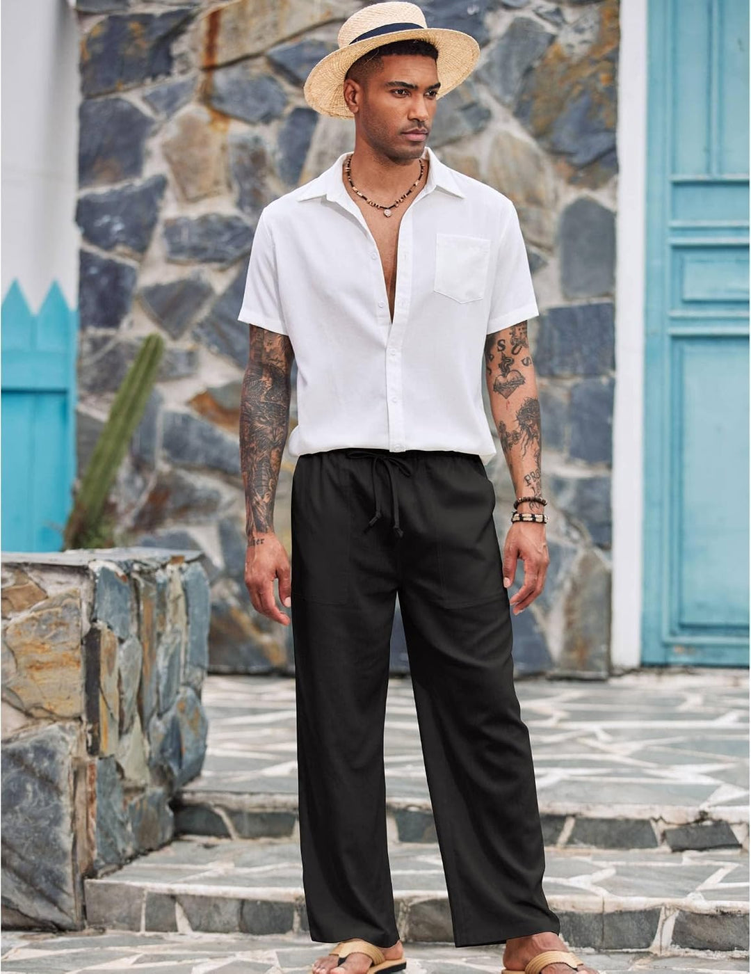 COOFANDY Herren Leinenhose mit Kordelzug Leicht Sommerhose Freizeithose Strandhose mit Tasche Schwar