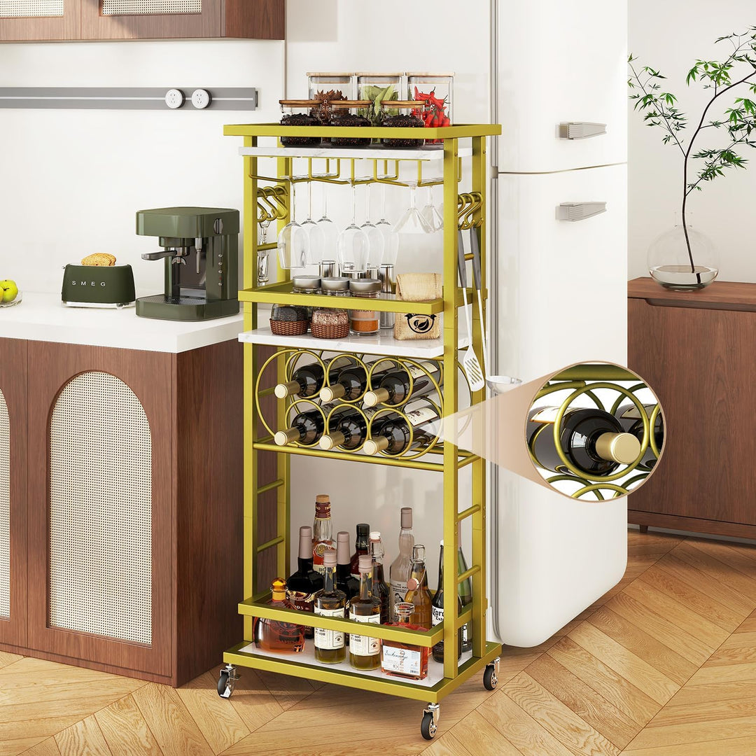 IBUYKE 4 Ebenen Weinregal mit Rollen,Freistehend Weinregal, Barwagen für Spirituosen, Whisky und Wei