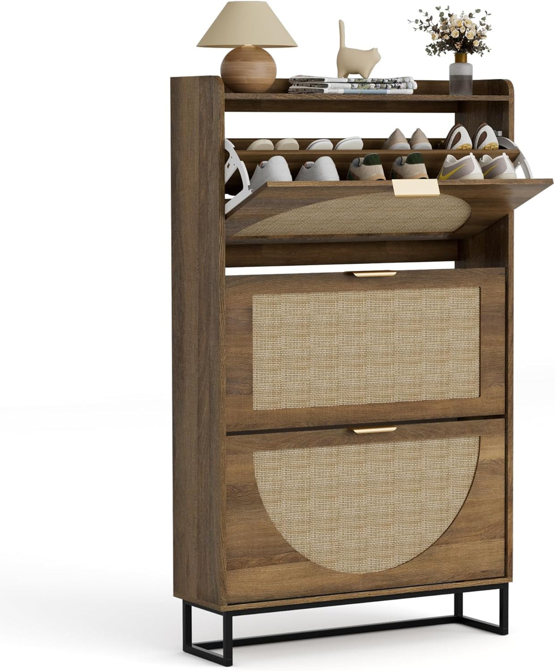 Rattan Schuhschrank Schmal, Schuhregal mit 3 Klappen, Schuhkipper mit Verstellbar, Schuhaufbewahrung