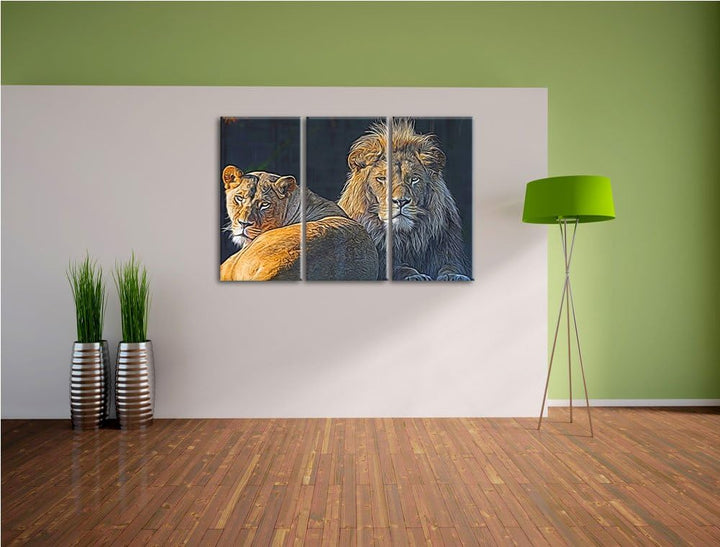 schönes Löwenpaar Spezial 3-Teiler Leinwandbild 120x80 Bild auf Leinwand, XXL riesige Bilder fertig