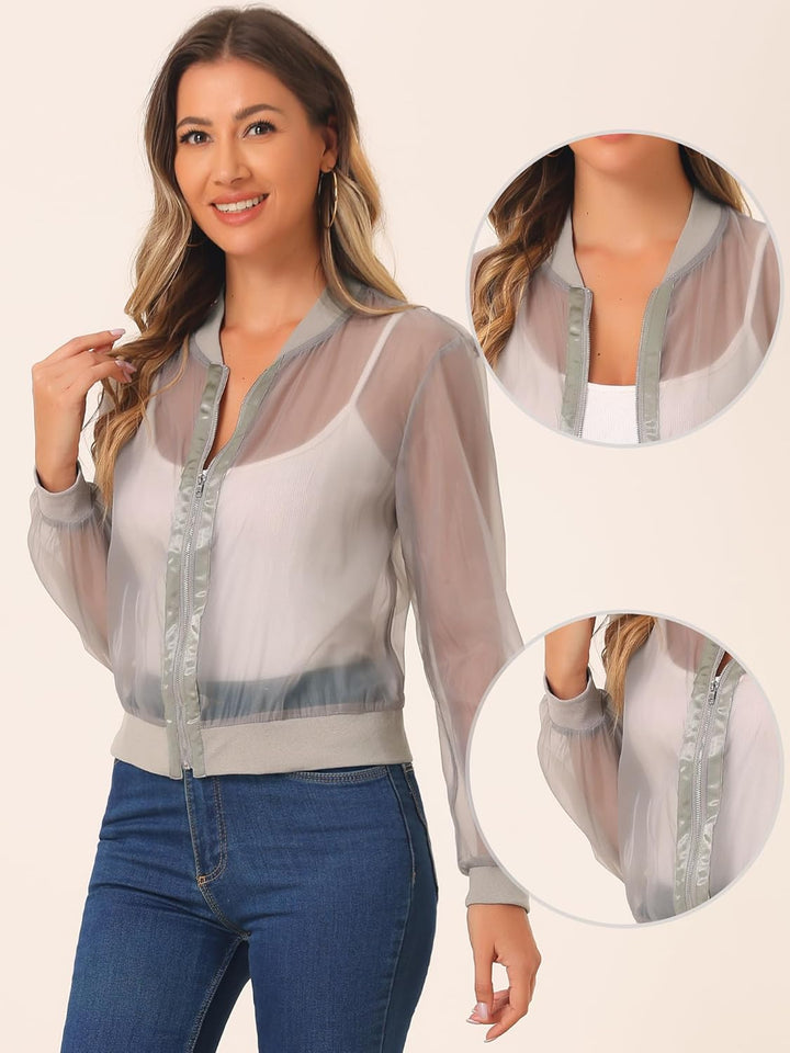 Allegra K Damen Sommer Jacke Langarm Reissverschluss Durchsichtige Transparente Leichte Bomberjacke