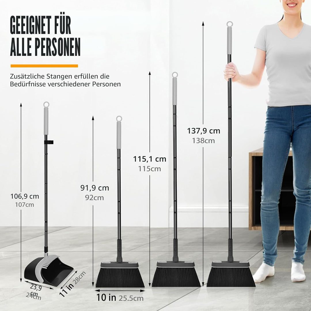 JEHONN Besen und Kehrschaufel Set mit Langem Stiel 138 cm, 180 Grad Drehbar Camping Kehrbesen Innen