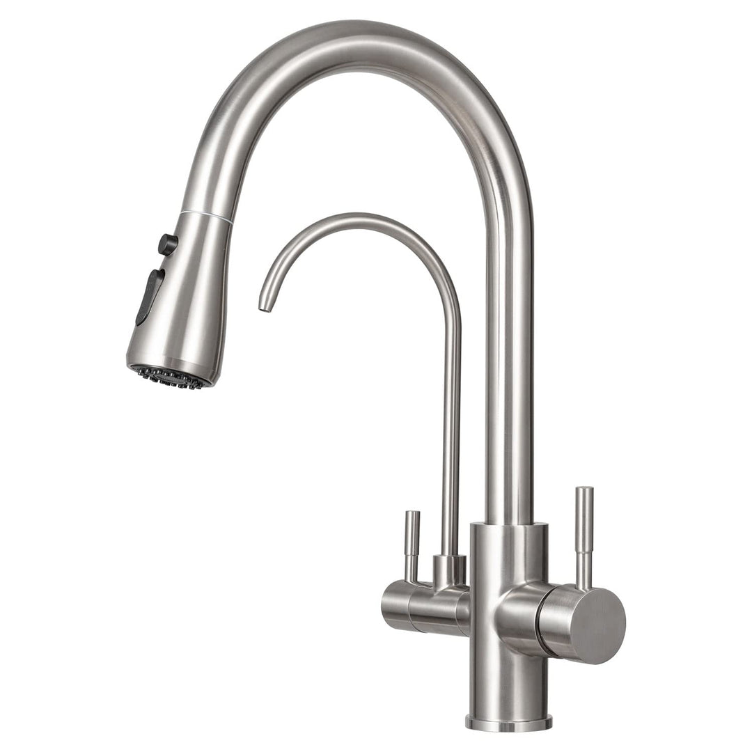 3 Wege Wasserhahn Edelstahl, 360° Drehbar Trinkwasserhahn mit Ausziehbarer Handbrause, 3 in 1 Küchen