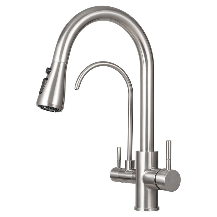 3 Wege Wasserhahn Edelstahl, 360° Drehbar Trinkwasserhahn mit Ausziehbarer Handbrause, 3 in 1 Küchen