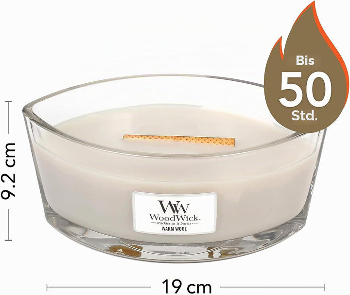 Ellipsenförmige WoodWick Duftkerze mit knisterndem Docht, Warm Wool, bis zu 50 Stunden Brenndauer,11
