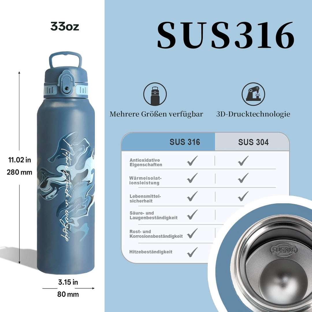 UZSPACE Edelstahl Trinkflasche 1l (970ml), Isolierte Thermosflasche mit 1-Klick-Öffnung, 100% Auslau