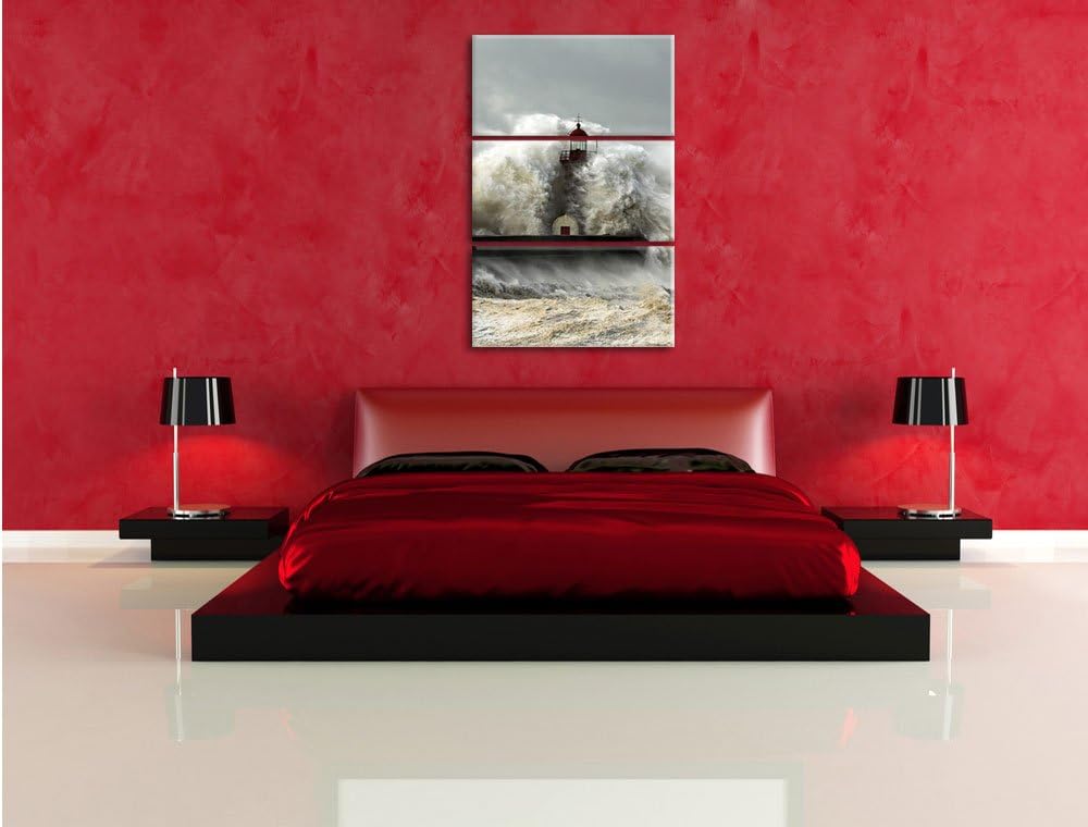 Pixxprint Leuchtturm im Sturm als Leinwandbild - Grösse: 3-Teilig (120x80cm) - Wandbild - Kunstdruck