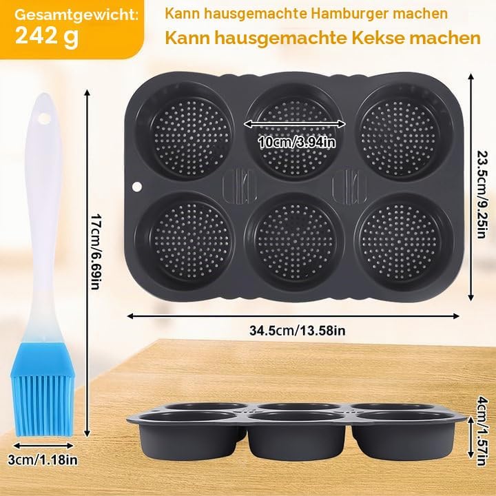 Burger Buns Backform, Brötchenbackformen Rund 10cm Ø Silikon Perforierte mit 6 Hohlräumen Brötchen B