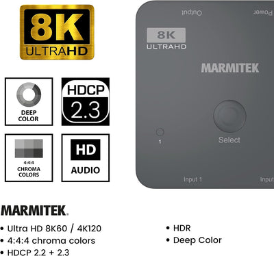 HDMI 2.1 Switch - Marmitek AS28 - 8K HDMI switch - 4K 120Hz - HDR - 2 ein / 1 aus - HDMI Switch 4K 1