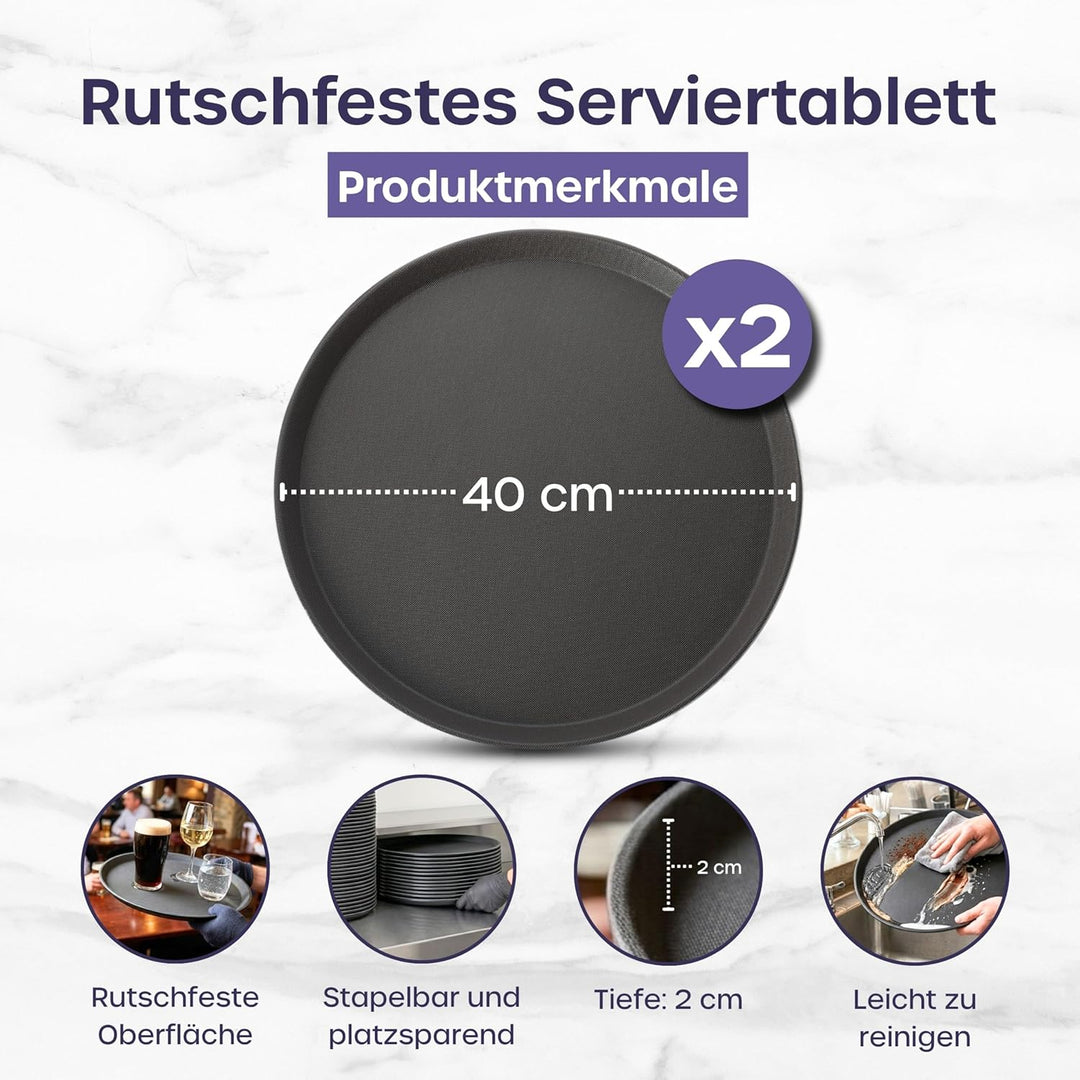 volila Rutschfestes Schwarzes Tablett Serviertablett Rund (2 STK. à 40 cm) - Rundes Tablett Ideal al