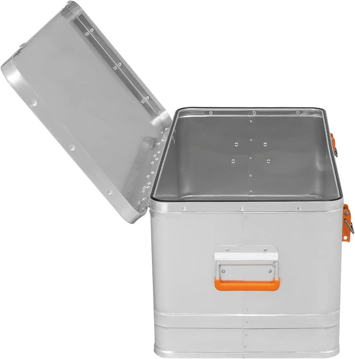 Alubox Werkzeugtruhe EASY 81 Liter Werkzeugkiste silber Alu glänzend - orange Schnallen - Aussenmass