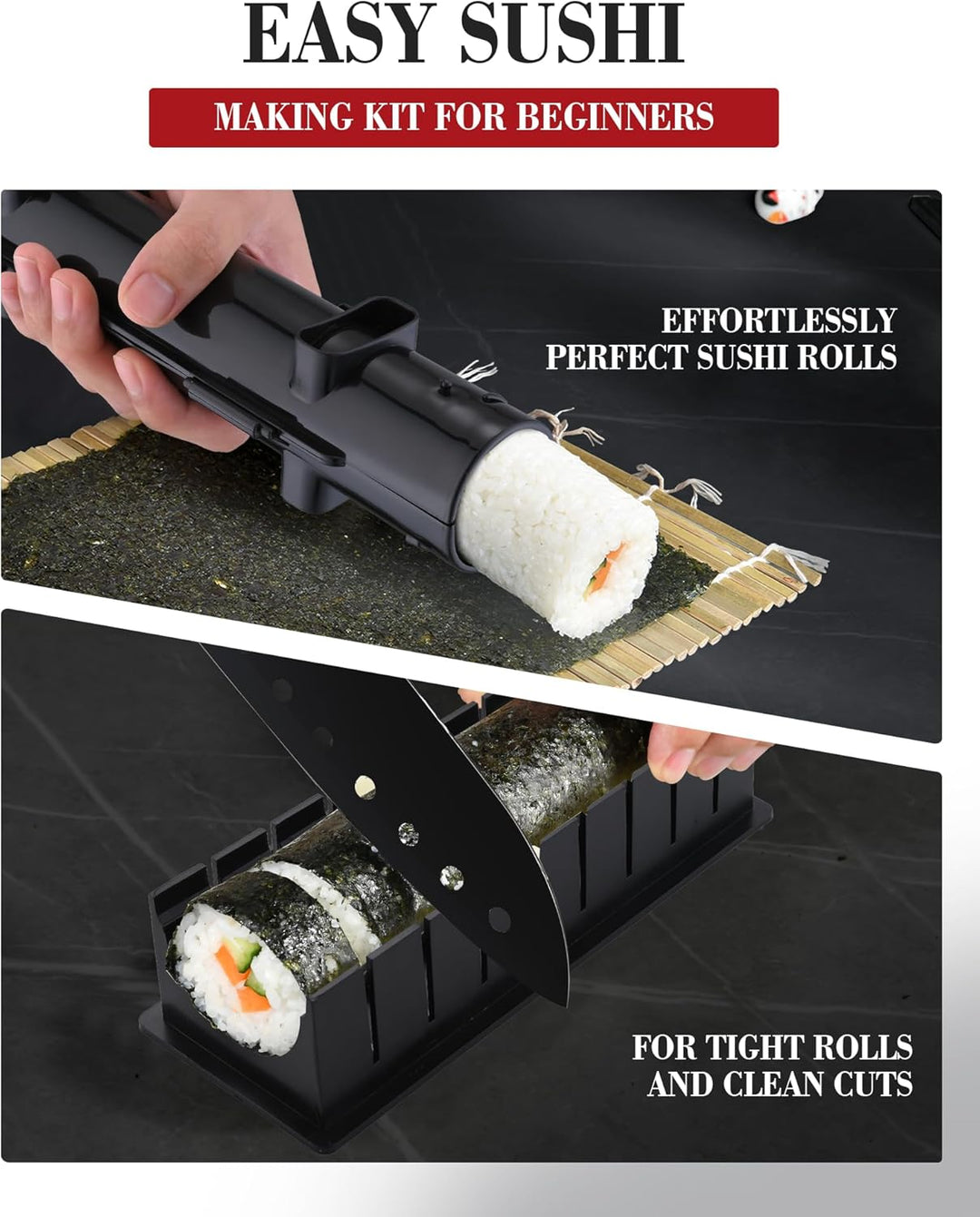 Sushi Maker Set, Sushi Set für Anfänger, Komplett Kit zum Selber Machen mit Sushi Bazooka, Bambus Ro