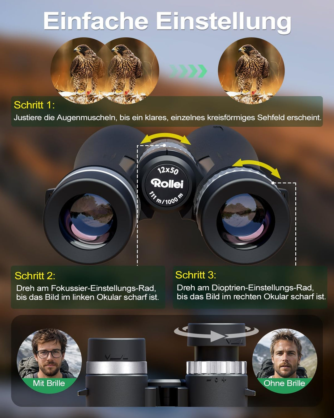 Rollei Fernglas 12x50 Pro Binoculars für Erwachsene Brillenträger mit 12X Vergrösserung & FMC-Linsen