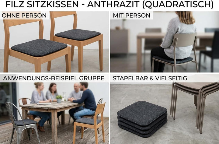 KAMACA Sitzkissen 4er Set 35x35 cm Eckig Anthrazit – Stuhlkissen aus Filz Gepolstert mit Schaumkern