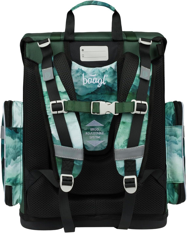 Baagl Schulranzen Jungen Set 5 Teilig (Ergo Schultasche für 1. Klasse, Mäppchen, Turnbeutel, Schürze