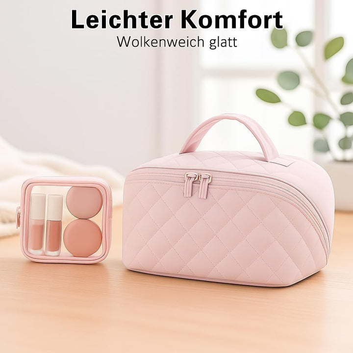 Travel Makeup Bag for Women – Large Capacity Waterproof Puffer Cosmetic Organizer, 180° Lay-Flat Toi
