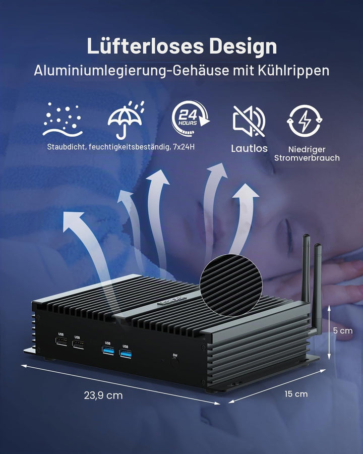 VENOEN Mini PC Industrial WIN11 Core i7 8550U, Lüfterloser Industrie PC RS232 COM, Embedded Dual LAN