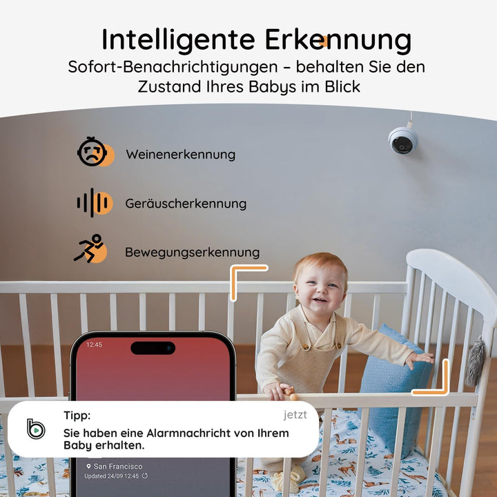 Boifun Babyphone mit Kamera und App, 5" 2K Bildschirm Babyfon, Weinen/Bewegungs/Geräuscherkennung,PT