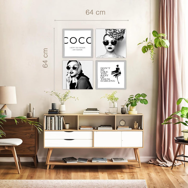 Novart Bilder Set Fashion Coco - KOMPLETT AUFHÄNGFERTIG - Schwarz Weiss Wohnzimmer Schlafzimmer Flur