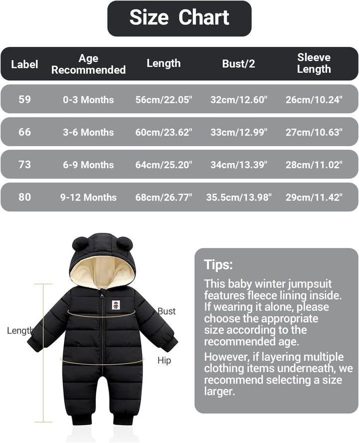Baby Winter Overall mit Kapuze, Strampler Schneeanzug Jungen Mädchen Langarm Jumpsuit Warm Outfits G
