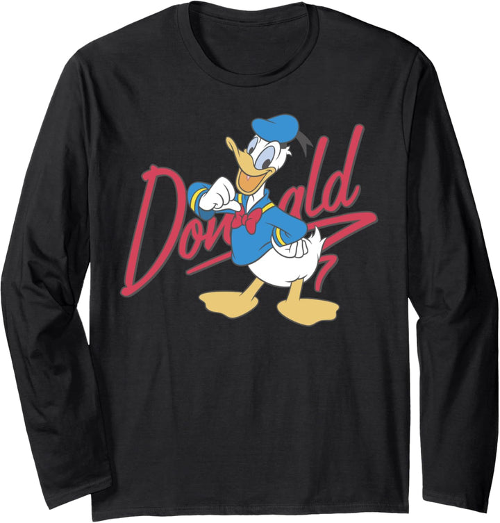 Disney Donald Duck Red Cursive Text Logo Portrait Langarmshirt
