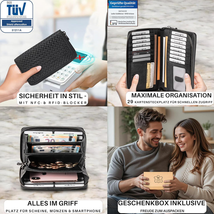 MATADOR Geldbörse Damen XXL Gross Leder Geldbeutel Doppelter Reissverschluss TÜV Geprüfter RFID & NF