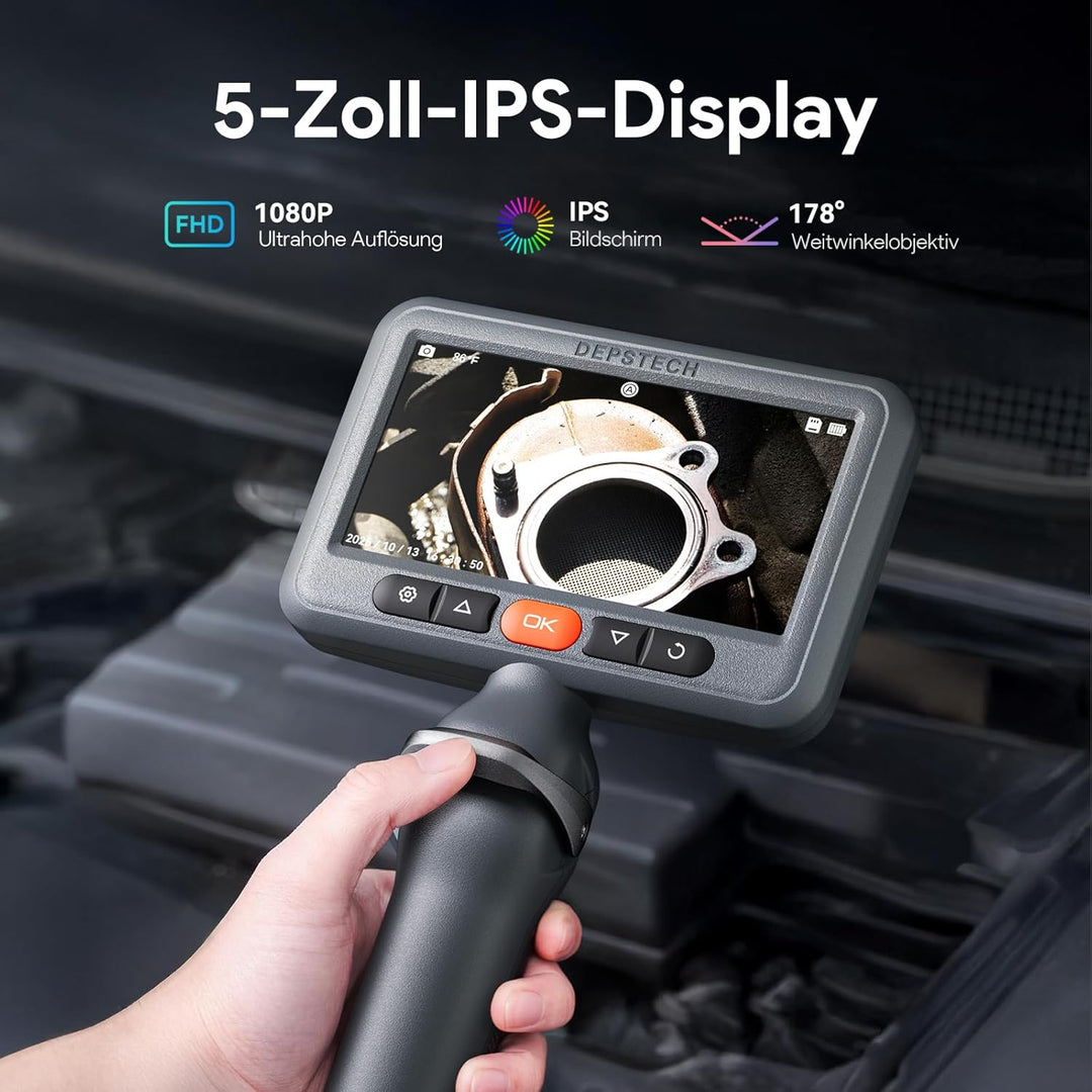 DEPSTECH Dual Lens Endoskopkamera mit Licht, 1080P Drehbar Endoskop, 5 Zoll IPS-Bildschirm Inspektio