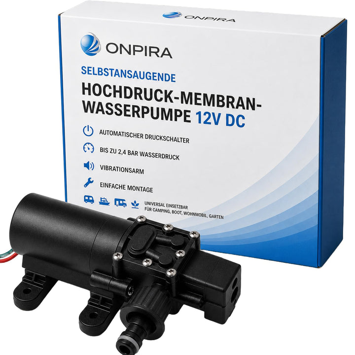 ONPIRA Wasserpumpe 12V (Hochdruckmembran) mit Gartenschlauch Anschluss selbstansaugende Pumpe für Wo
