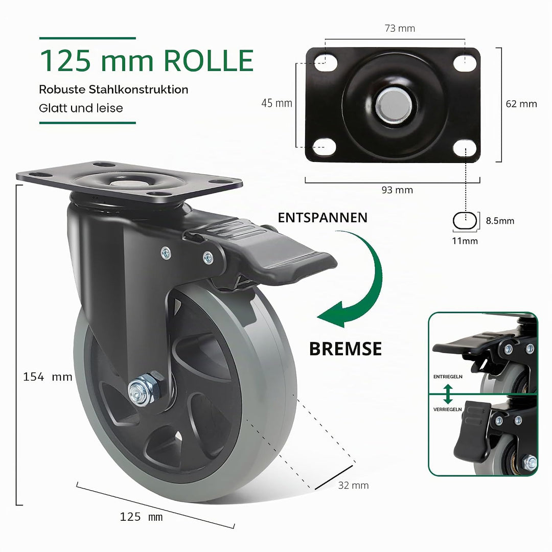 Möbelrollen mit Bremse 125MM Lenkrollen, 4 Stück Schwerlastrollen inkl. Montagezubehör, Transportrol