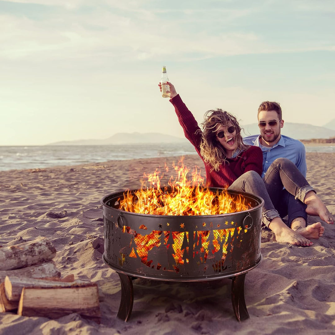 Feuerschale, Feuerschale Garten, Feuerkorb mit Funkenschutz, Feuerstelle Retro-Look, inkl. Poker & K