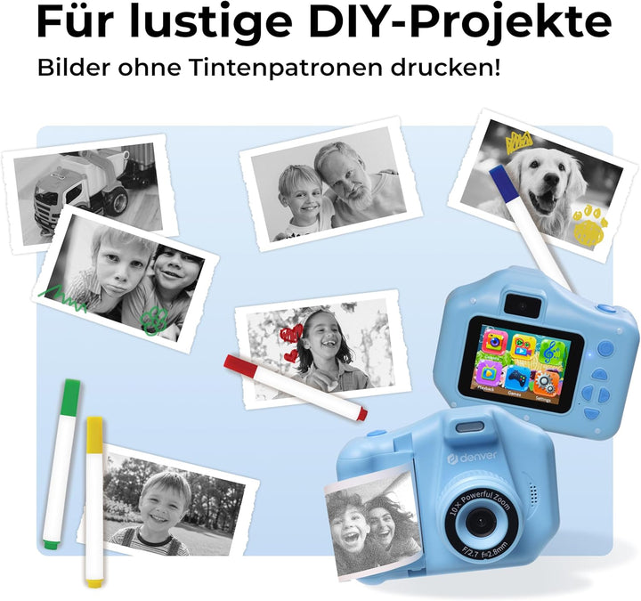 Denver KPC-1370BU Sofortbildkamera Kinder mit 2,8" Display | Sofortdruck Kamera für Kinder | Kinderk