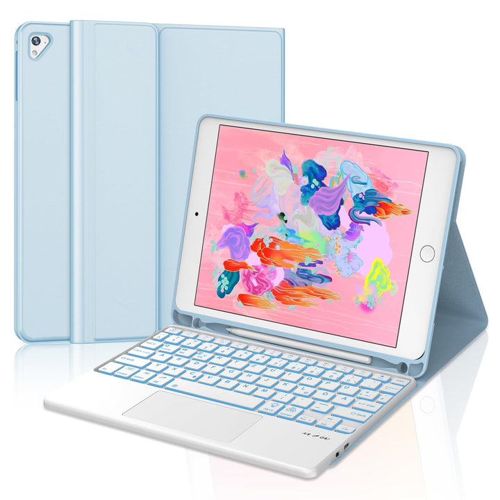 JADEMALL Für iPad 9,7" Hülle mit Tastatur & Touchpad – 7-Farb LED, Deutsch QWERTZ, Bluetooth 5.0 für