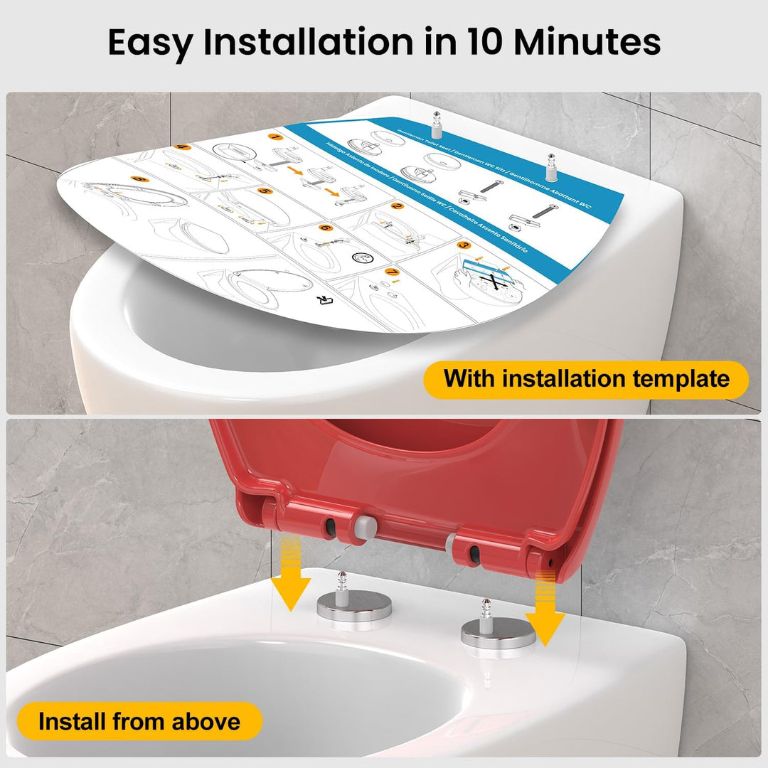 Toilettendeckel mit Absenkautomatik Oval Rot, WC Sitz mit Rauten, Klobrille mit Schnellverschluss, K