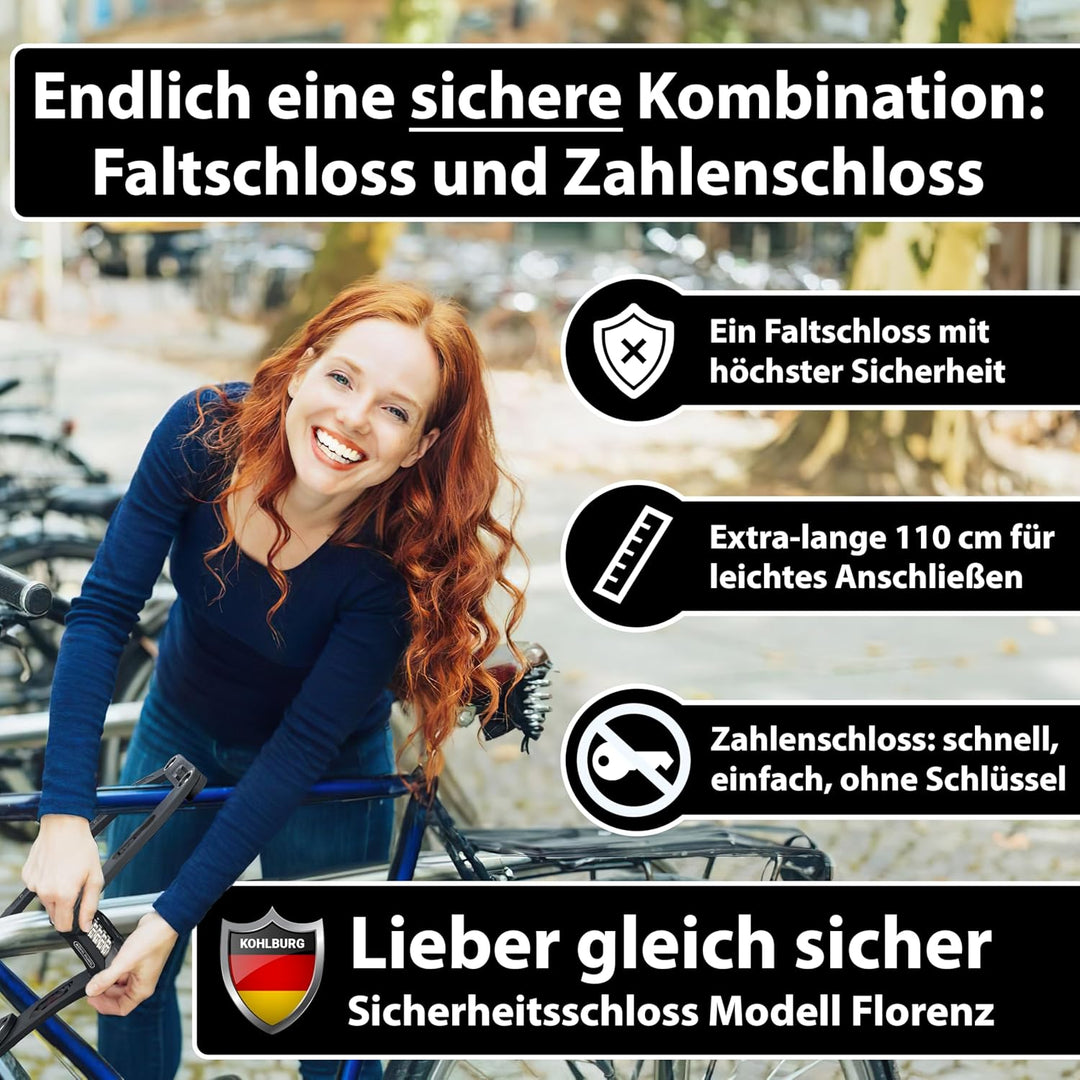 KOHLBURG [Bolzenschneider-sicheres] 110cm Faltschloss mit Zahlencode & Halterung – Fahrrad Zahlensch