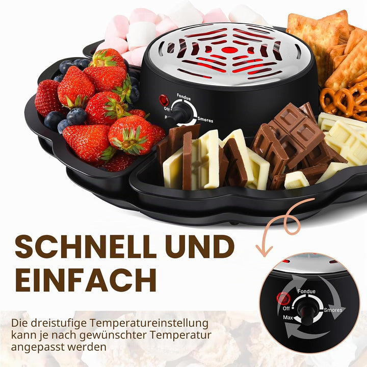 Schokoladenfondue, 2-in-1 Schokofondue Elektrisch & S’mores-Maker, Tischgerät für Innen mit 4 Röster