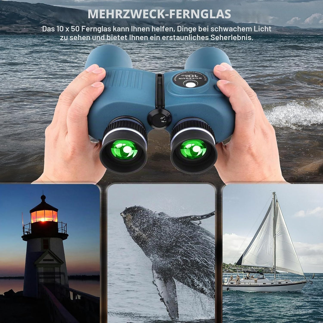 10x50 Marine Fernglas mit beleuchtetem Entfernungsmesser und Kompass, IPX7 wasserdicht, BAK4-Prismen