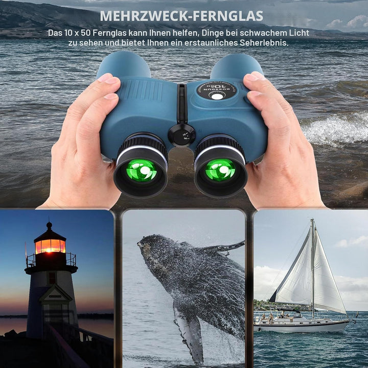 10x50 Marine Fernglas mit beleuchtetem Entfernungsmesser und Kompass, IPX7 wasserdicht, BAK4-Prismen