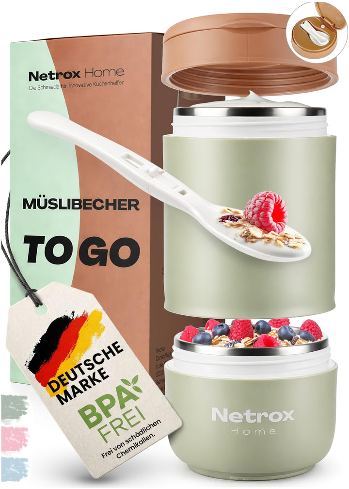 NetroxHome - Müslibecher To Go mit Löffel, Auslaufsicherer Joghurtbecher To Go aus Edelstahl, Lunchb