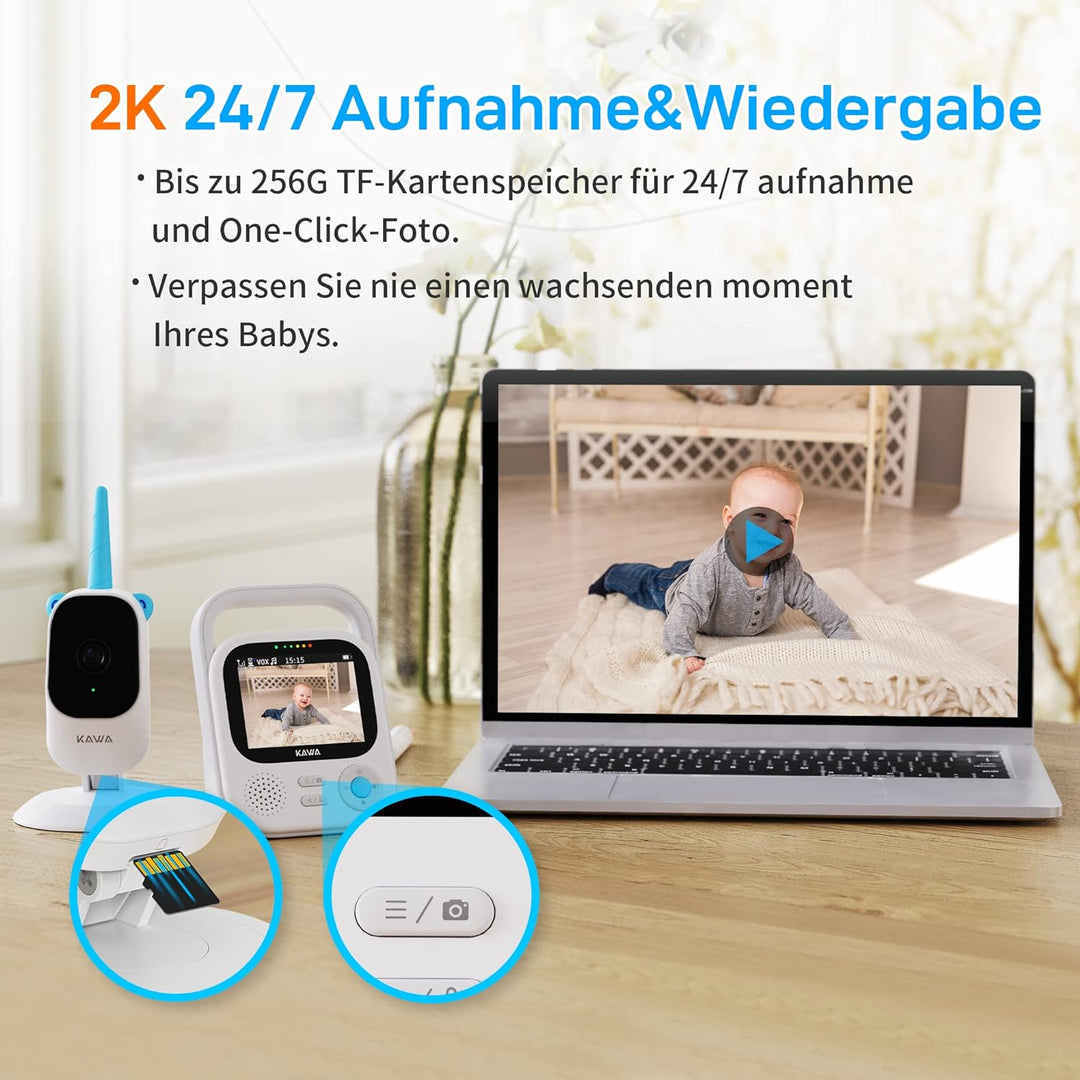 KAWA Baby Monitor with 2 Cameras, 7.11 cm (2.8 Inch) 2K HD Camera, No WiFi, Night Vision, Recording