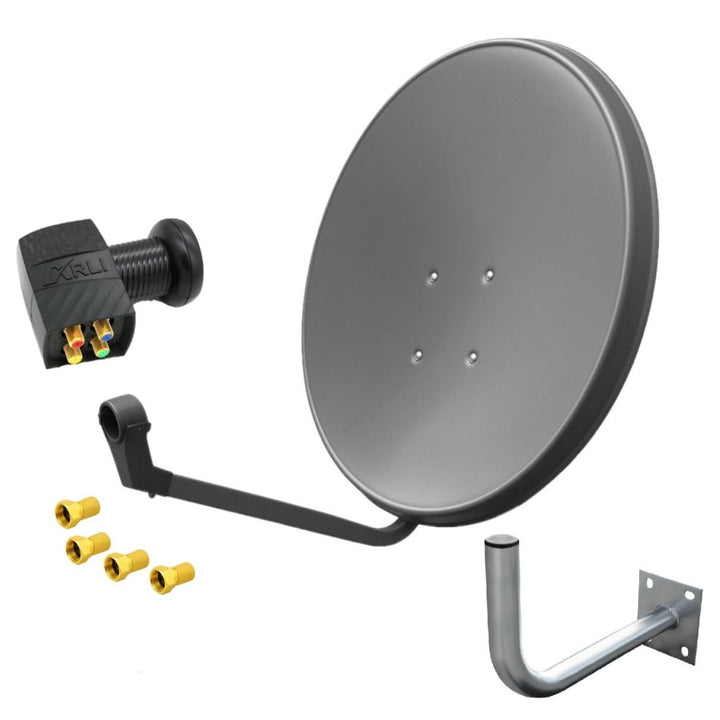 60 cm HD Sat Anlage Quad LNB Digital + Wandhalter 25 cm + 4X F-Stecker 4 Teilnehmer Antenne Grau UHD