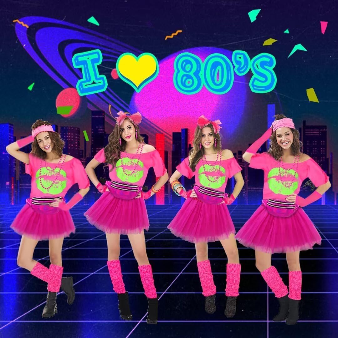 80er Jahre Outfit Damen Set, T-Shirt, Tutu, Gürteltasche, Stirnband, Ohrring, Halskette, Netzhandsch