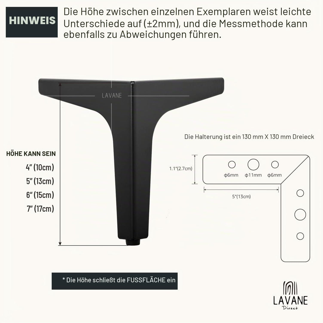 La Vane 4er Set Metall Möbelfüsse (17cm Höhe) Schwarz - Diamant-Dreieck Design für Schrank, Sofa, Co
