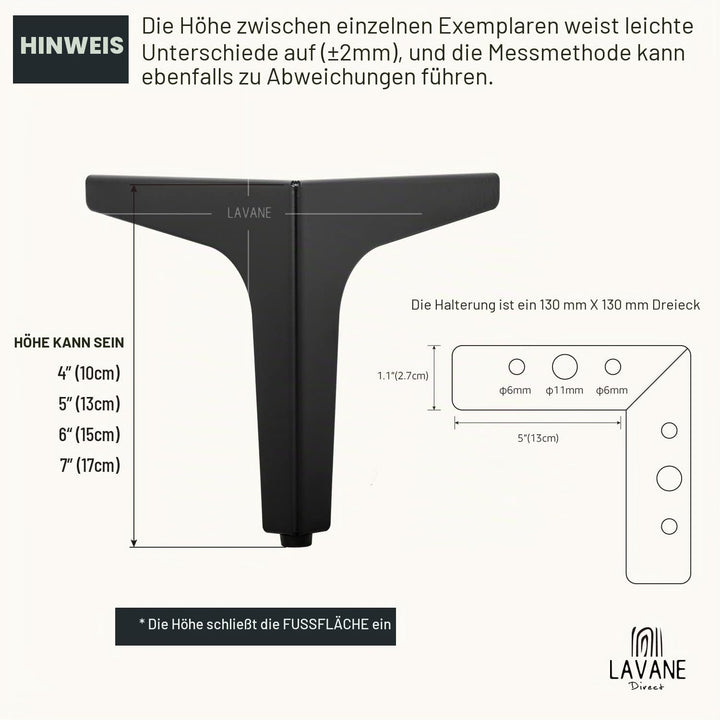 La Vane 4er Set Metall Möbelfüsse (17cm Höhe) Schwarz - Diamant-Dreieck Design für Schrank, Sofa, Co