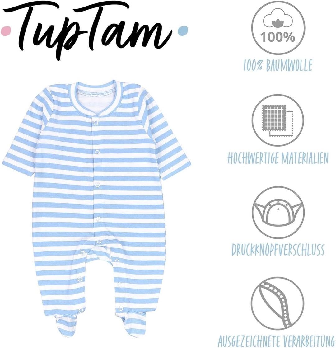 TupTam Baby Jungen Schlafstrampler mit Fuss 3-er Pack 50 Blau Grau Streifen Dino, 50 Blau Grau Strei